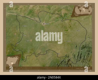 Benue, state of Nigeria. Low resolution satellite map. Locations and names of major cities of the region. Corner auxiliary location maps Stock Photo