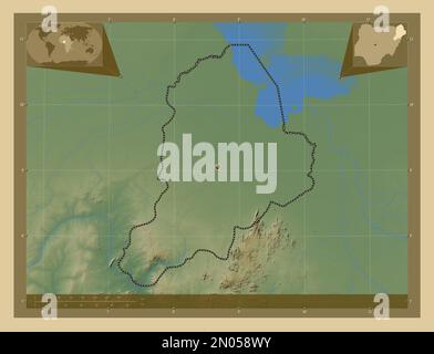 Borno, state of Nigeria. Colored elevation map with lakes and rivers. Corner auxiliary location maps Stock Photo