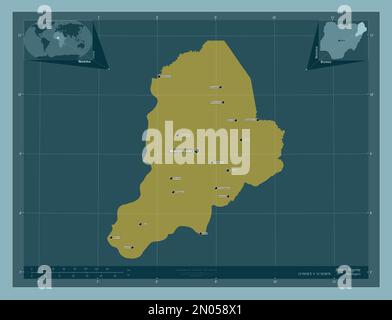 Borno, state of Nigeria. Solid color shape. Locations and names of major cities of the region. Corner auxiliary location maps Stock Photo