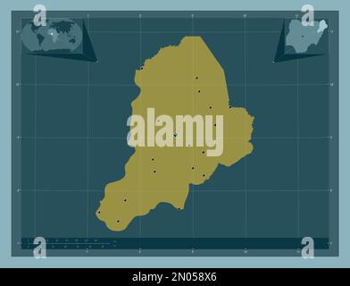 Borno, state of Nigeria. Solid color shape. Locations of major cities of the region. Corner auxiliary location maps Stock Photo