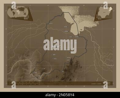 Borno, state of Nigeria. Elevation map colored in sepia tones with lakes and rivers. Locations and names of major cities of the region. Corner auxilia Stock Photo