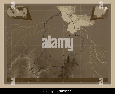 Borno, state of Nigeria. Elevation map colored in sepia tones with lakes and rivers. Locations of major cities of the region. Corner auxiliary locatio Stock Photo