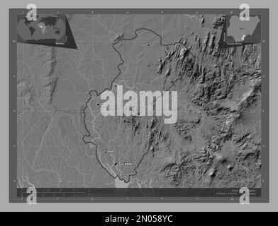 Cross River, state of Nigeria. Bilevel elevation map with lakes and rivers. Locations and names of major cities of the region. Corner auxiliary locati Stock Photo