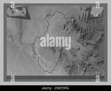 Cross River, state of Nigeria. Grayscale elevation map with lakes and rivers. Corner auxiliary location maps Stock Photo