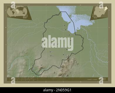 Borno, state of Nigeria. Elevation map colored in wiki style with lakes and rivers. Locations and names of major cities of the region. Corner auxiliar Stock Photo