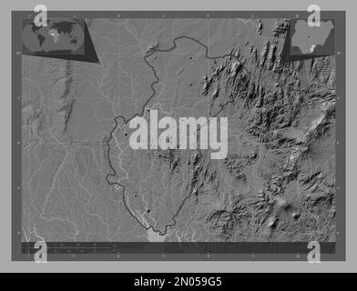 Cross River, state of Nigeria. Bilevel elevation map with lakes and rivers. Locations of major cities of the region. Corner auxiliary location maps Stock Photo