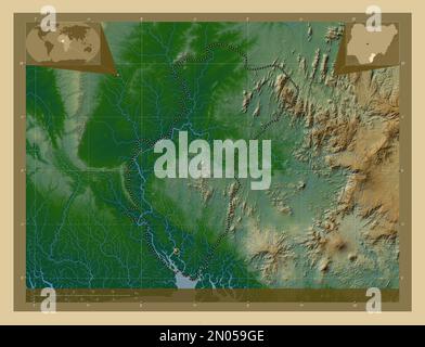 Cross River, state of Nigeria. Colored elevation map with lakes and rivers. Corner auxiliary location maps Stock Photo