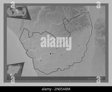 Delta, state of Nigeria. Grayscale elevation map with lakes and rivers. Locations and names of major cities of the region. Corner auxiliary location m Stock Photo