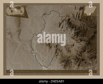 Cross River, state of Nigeria. Elevation map colored in sepia tones with lakes and rivers. Corner auxiliary location maps Stock Photo