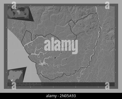 Delta, state of Nigeria. Bilevel elevation map with lakes and rivers. Locations of major cities of the region. Corner auxiliary location maps Stock Photo