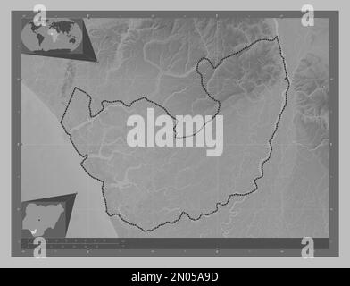 Delta, state of Nigeria. Grayscale elevation map with lakes and rivers. Corner auxiliary location maps Stock Photo