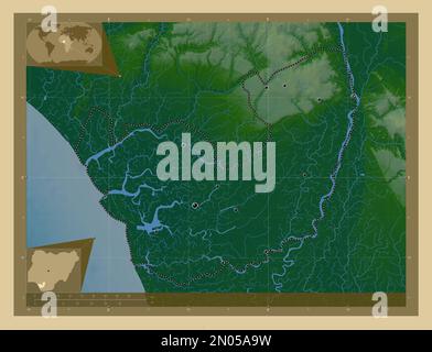 Delta, state of Nigeria. Colored elevation map with lakes and rivers. Locations of major cities of the region. Corner auxiliary location maps Stock Photo