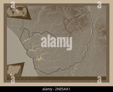 Delta, state of Nigeria. Elevation map colored in sepia tones with lakes and rivers. Corner auxiliary location maps Stock Photo