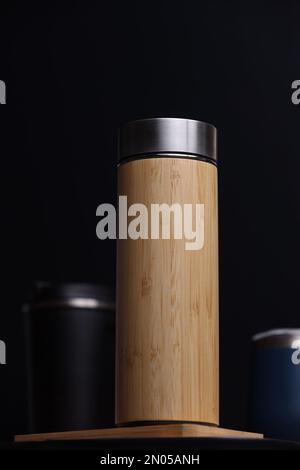 Modern water bottle InstaCuppa Bamboo Thermos Bottle, 500 ml, Double Walled Vacuum water bottle mockup image Stock Photo