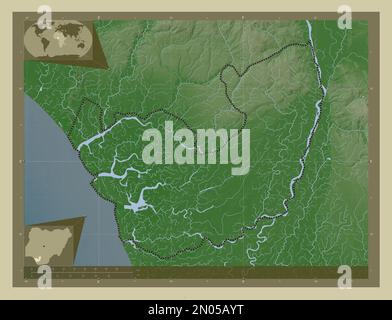 Delta, state of Nigeria. Elevation map colored in wiki style with lakes and rivers. Corner auxiliary location maps Stock Photo