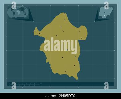 Enugu, state of Nigeria. Solid color shape. Locations of major cities of the region. Corner auxiliary location maps Stock Photo