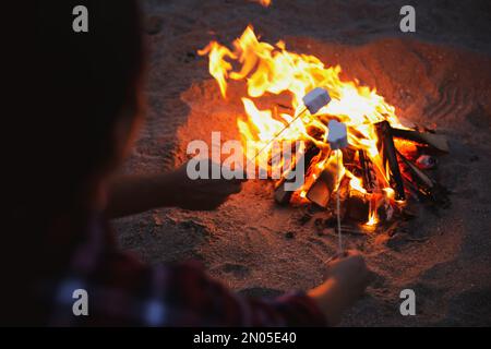 People roasting marshmallows over burning firewood on beach, closeup Stock Photo