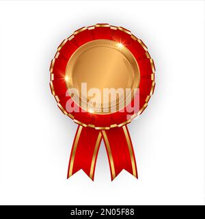 Bronze medal with red ribbon 3d. 3rd place achievement award isolated on white background. Vector illustration. Stock Vector