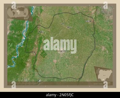 Imo, state of Nigeria. High resolution satellite map. Locations and names of major cities of the region. Corner auxiliary location maps Stock Photo