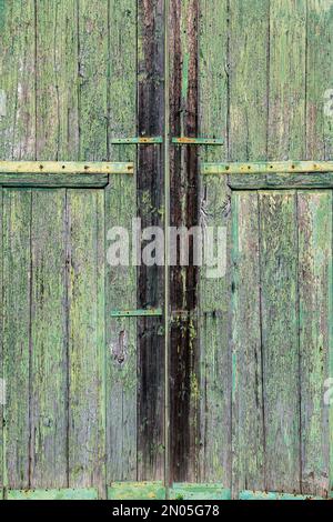A pair of old wooden shed doors, badly weathered and decorated with peeling green paint (Sicily) Stock Photo