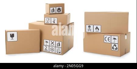 Set of cardboard boxes with packaging symbols on white background Stock ...