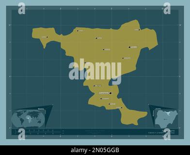 Jigawa, state of Nigeria. Solid color shape. Locations and names of major cities of the region. Corner auxiliary location maps Stock Photo