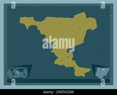 Jigawa, state of Nigeria. Solid color shape. Locations of major cities of the region. Corner auxiliary location maps Stock Photo