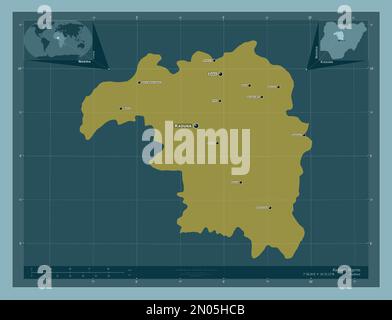 Kaduna, state of Nigeria. Solid color shape. Locations and names of major cities of the region. Corner auxiliary location maps Stock Photo