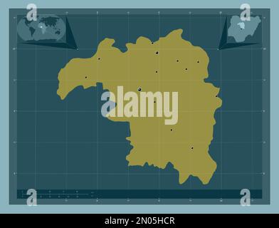 Kaduna, state of Nigeria. Solid color shape. Locations of major cities of the region. Corner auxiliary location maps Stock Photo