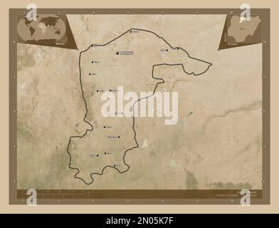 Katsina, state of Nigeria. Low resolution satellite map. Locations and names of major cities of the region. Corner auxiliary location maps Stock Photo