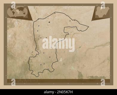 Katsina, state of Nigeria. Low resolution satellite map. Locations of major cities of the region. Corner auxiliary location maps Stock Photo