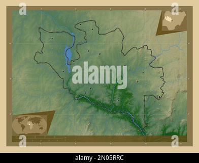 Niger, state of Nigeria. Colored elevation map with lakes and rivers. Locations of major cities of the region. Corner auxiliary location maps Stock Photo