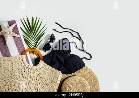 Composition with stylish beach accessories on white background, top view Stock Photo