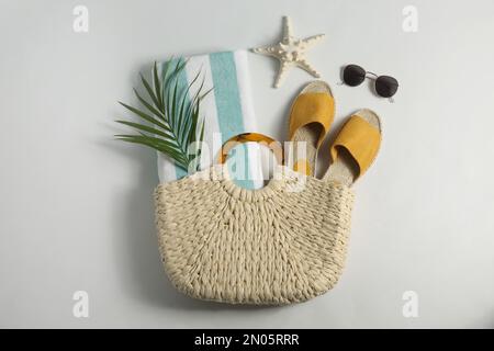 Composition with stylish beach accessories on white background, top view Stock Photo
