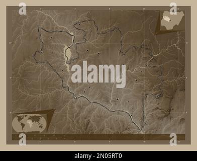 Niger, state of Nigeria. Elevation map colored in sepia tones with lakes and rivers. Locations of major cities of the region. Corner auxiliary locatio Stock Photo