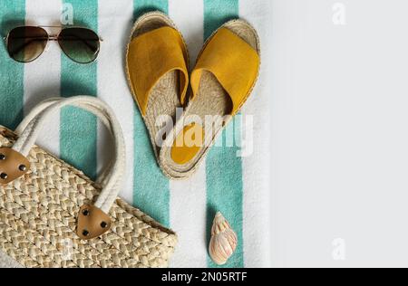 Composition with stylish beach accessories on white background, top view Stock Photo