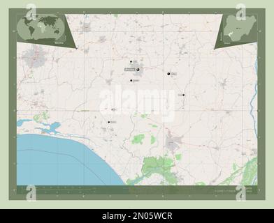 Ondo, state of Nigeria. Open Street Map. Locations and names of major cities of the region. Corner auxiliary location maps Stock Photo