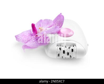 Modern epilator and orchid flower on white background Stock Photo