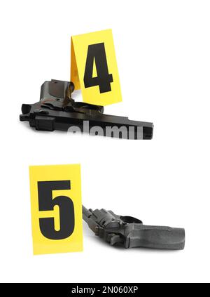 Crime scene investigation. Evidence identification markers and guns on white background Stock Photo