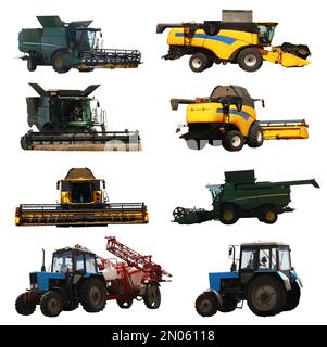 Set of different agricultural machinery on white background Stock Photo