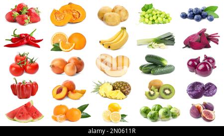 Assortment of organic fresh fruits and vegetables on white background Stock Photo