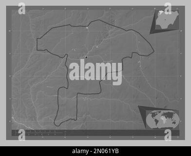 Sokoto, state of Nigeria. Grayscale elevation map with lakes and rivers. Corner auxiliary location maps Stock Photo