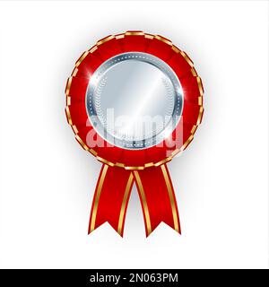 Silver shiny 3d award with red ribbon. 2 places icon on a white background. Champion Trophy. Vector illustration. Stock Vector