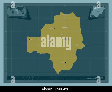 Zamfara, state of Nigeria. Solid color shape. Locations and names of major cities of the region. Corner auxiliary location maps Stock Photo