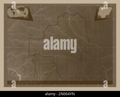 Zamfara, state of Nigeria. Elevation map colored in sepia tones with lakes and rivers. Locations of major cities of the region. Corner auxiliary locat Stock Photo