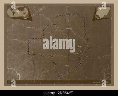 Zamfara, state of Nigeria. Elevation map colored in sepia tones with lakes and rivers. Locations and names of major cities of the region. Corner auxil Stock Photo