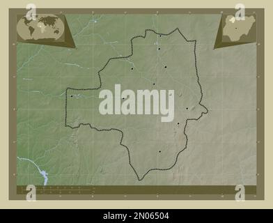 Zamfara, state of Nigeria. Elevation map colored in wiki style with lakes and rivers. Locations of major cities of the region. Corner auxiliary locati Stock Photo