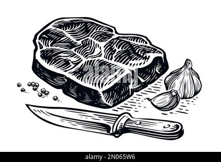 Beef steak and knife, cooking spices. Cooking food, grilling meat concept. Sketch hand drawn vector illustration Stock Vector