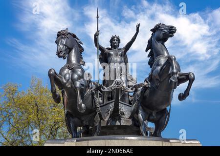 Boadicea and Her Daughters is a bronze sculpture near Westminster Bridge in central London. Stock Photo