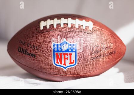 An official game ball for the NFL Super Bowl 50 football game is  photographed, Tuesday, Jan. 26, 2016. The Wilson Sporting Goods football  factory in Ada, Ohio has made the official Super